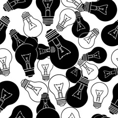 Seamless pattern of light bulbs in black and white for creative design and inspiration concept
