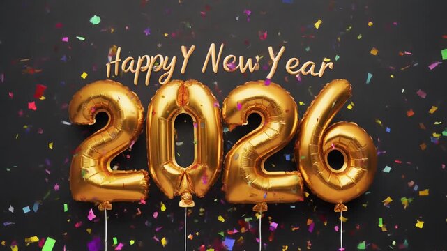 Happy new year 2026 balloons with colorful confetti