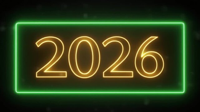 Video animation - abstract neon light in green-gold with the numbers 2026 