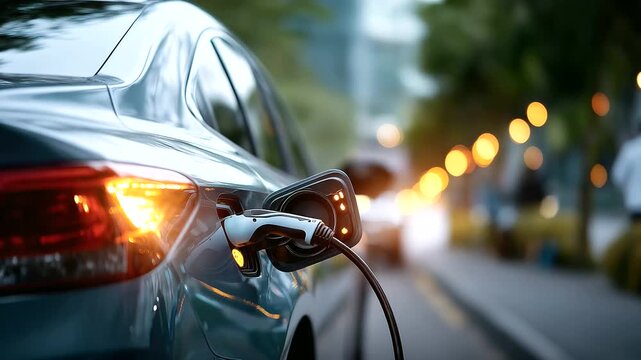 Close up of electric car charging ecology transportation concept power cable connection sustainable mobility green energy technology EV charging detail environmental