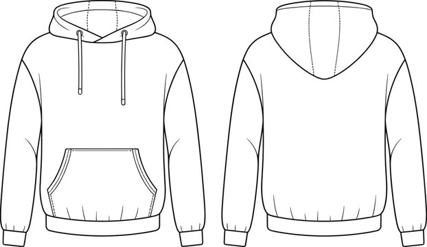 Front and back view of a blank white outline hoodie with drawstring and pocket sweatshirt hooded sweatshirt