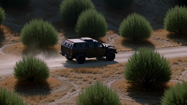 Black armored tactical vehicle driving on a dusty road between green bushes in a realistic 3D animation, suitable for military patrol backgrounds