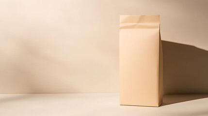 Beige paper bag in soft natural light. The packaging stands tall, its simple design complementing the minimalist backdrop. Ideal for product showcasing.