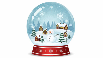 Illustration of a winter snow globe with a snowman, houses, and trees inside on a red snowflake base