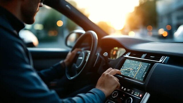 Interior of modern electric car with large touch screen dashboard faceless person using GPS navigation system contemporary vehicle interface connected car technology digital