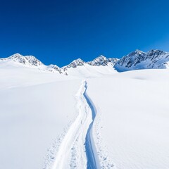 Ski Tracks in Pristine Snow Mountain Majesty under a Clear Blue Sky, Winter ,Snowsports