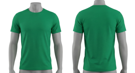 Green t-shirt mockup on mannequin, front and back view. Blank men's tee template on grey dummy for design and print branding.