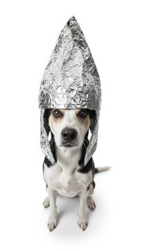 dog wearing a tinfoil hat, paranoid, paranoia, on a white background, animal photo