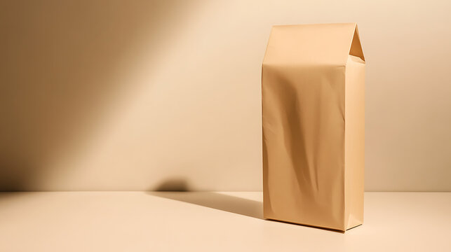 A minimalist composition features a tan paper bag standing on a light surface against a neutral backdrop, casting a subtle shadow with soft, diffused lighting illuminating the scene.