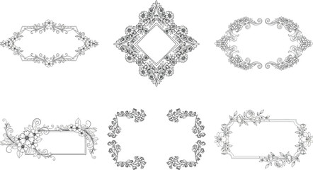 Obraz premium Collection of six elegant floral frames with intricate details, isolated on transparent background perfect for invitations