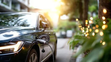 EV car or electric vehicle at charging station with power cable supply plugged in on blurred defocused nature with green energy power effect eco friendly sustainable energy - Powered by Adobe