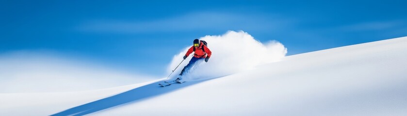 Skier Carving Powder on Mountain Under Blue Sky, Winter Sports, Adventure