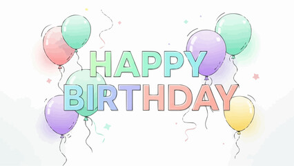 A happy birthday celebration with colorful balloons and confetti floating in the air on a white background