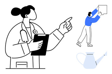 Healthcare professional symbol. Healthcare visuals a doctor with a clipboard, a worker in action, and a watering can. Healthcare for medical, teamwork, wellness, gardening, and planning designs