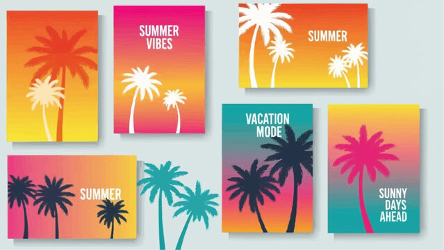 Collection of summer themed posters featuring palm trees with bright color gradients and summer related text