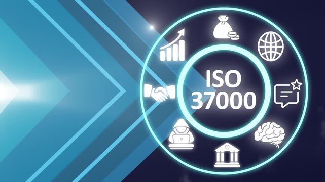 ISO 37000 acronym, first ever international benchmark for good governance. Showing ISO 37000 icons on virtual screen.