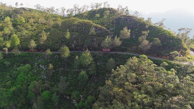 Aerial View of Red Bus Taking Mountain U-Bend Through Morning Tea Plantations