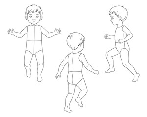 Three-view toddler boy fashion croquis (front, side, back) for children's garment design. Outline template ideal for fashion designers, illustrators, and technical drawing. Vector, easy to edit.