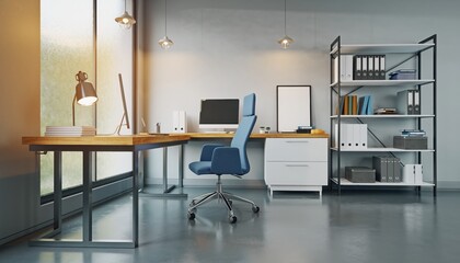 Modern Workspace Design: A sleek and contemporary office interior, filled with natural light, showcasing a desk setup and stylish decor.