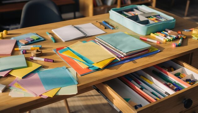 Desk Of Colorful School Supplies: a wooden desk is covered with an array of colorful school supplies, notebooks, pens, markers.