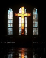 Church interior with cross window light reflection christianity faith religion architecture spiritual place