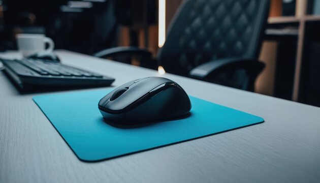 Workspace Precision: A sleek, wireless mouse rests on a vibrant blue mousepad atop a minimalist office desk, embodying modern technology and productivity. 