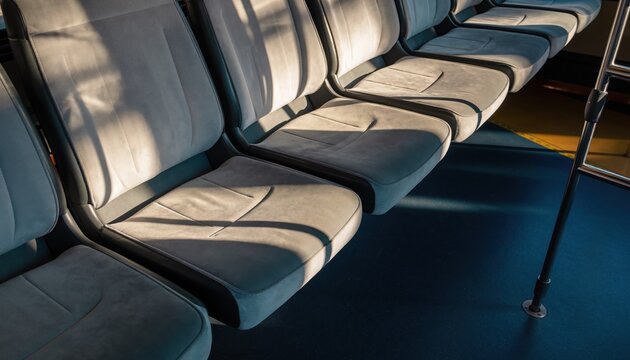 Public Transport Seating: A row of empty, cushioned seats within a mode of transportation, bathed in the soft interplay of light and shadow.
