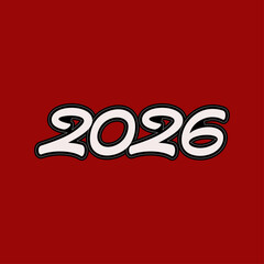 White number year design on red background featuring the year two thousand and twenty six in bold font
