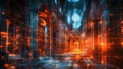 Futuristic cathedral architecture digital art glowing lines and particles abstract tech design wallpaper