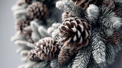 snow-dusted wreath with pine cones,