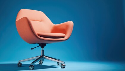 Modern Office Chair: A sleek, orange office chair with a minimalist design, set against a vibrant blue backdrop, embodying modern elegance and comfort. 