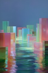 pastel glowing geometric structures rising from reflective water abstract background
