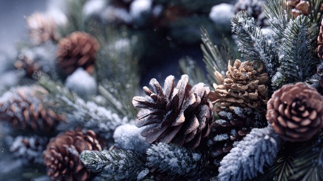 snow-dusted wreath with pine cones, - Powered by Adobe