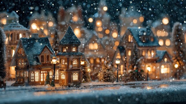 snowfall over traditional Christmas village with lit windows - Powered by Adobe