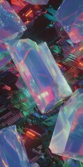 iridescent crystal structures over glowing circuit board modern tech background