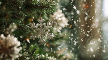 snowflakes falling on Christmas decorations