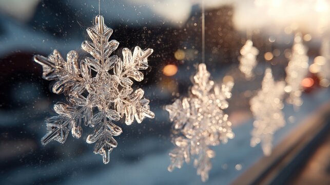 snowflake decorations on frosted glass, - Powered by Adobe