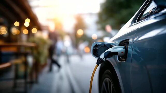 Power supply connect to electric vehicle for charge to battery charging technology industry transport futuristic automobile EV fuel plug in hybrid car sustainable mobility