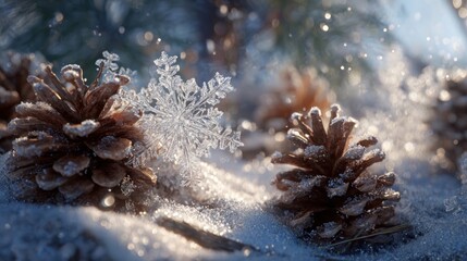 snowflakes glistening on frozen pinecones,