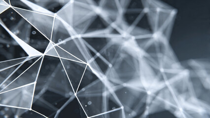 Futuristic abstract network of glowing white lines and dots against a dark background, representing digital connectivity, data flow, or blockchain technology.