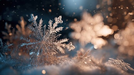 snowflakes glistening under lamplight,