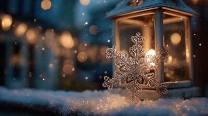 snowflakes glistening under lamplight,
