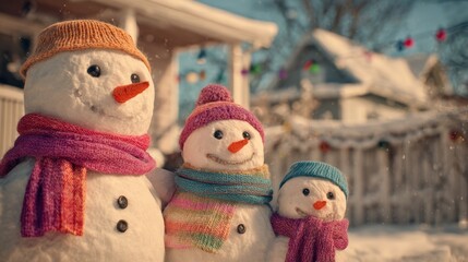 snowman family in backyard with colorful scarves and carrot noses,