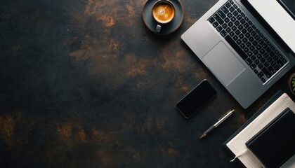 Workspace with Coffee and Laptop: A modern workspace with a laptop, smartphone, coffee, and a notebook, creating a perfect blend of technology and productivity.