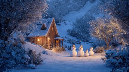 snowman family near glowing cottage,