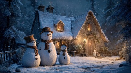 snowman family near glowing cottage,