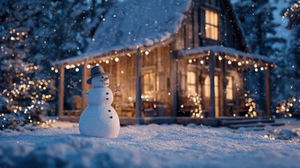 snowman in front of glowing Christmas cabin,