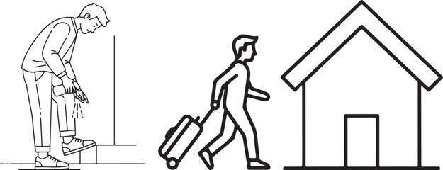 Minimalist Line Art Sequence: Traveler Sanitizes Shoes Before Entering Home