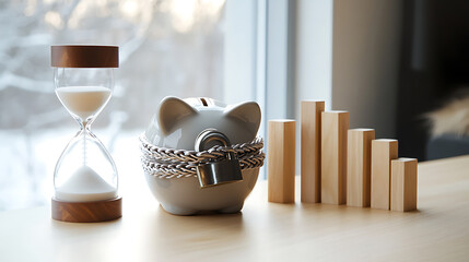 A symbolic representation of saving and investing, featuring a piggy bank secured with a chain and padlock, an hourglass, and a descending bar graph on a table near a window.