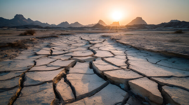 Barren landscape with cracked earth under a warm sunset glow, symbolizing drought and arid conditions.